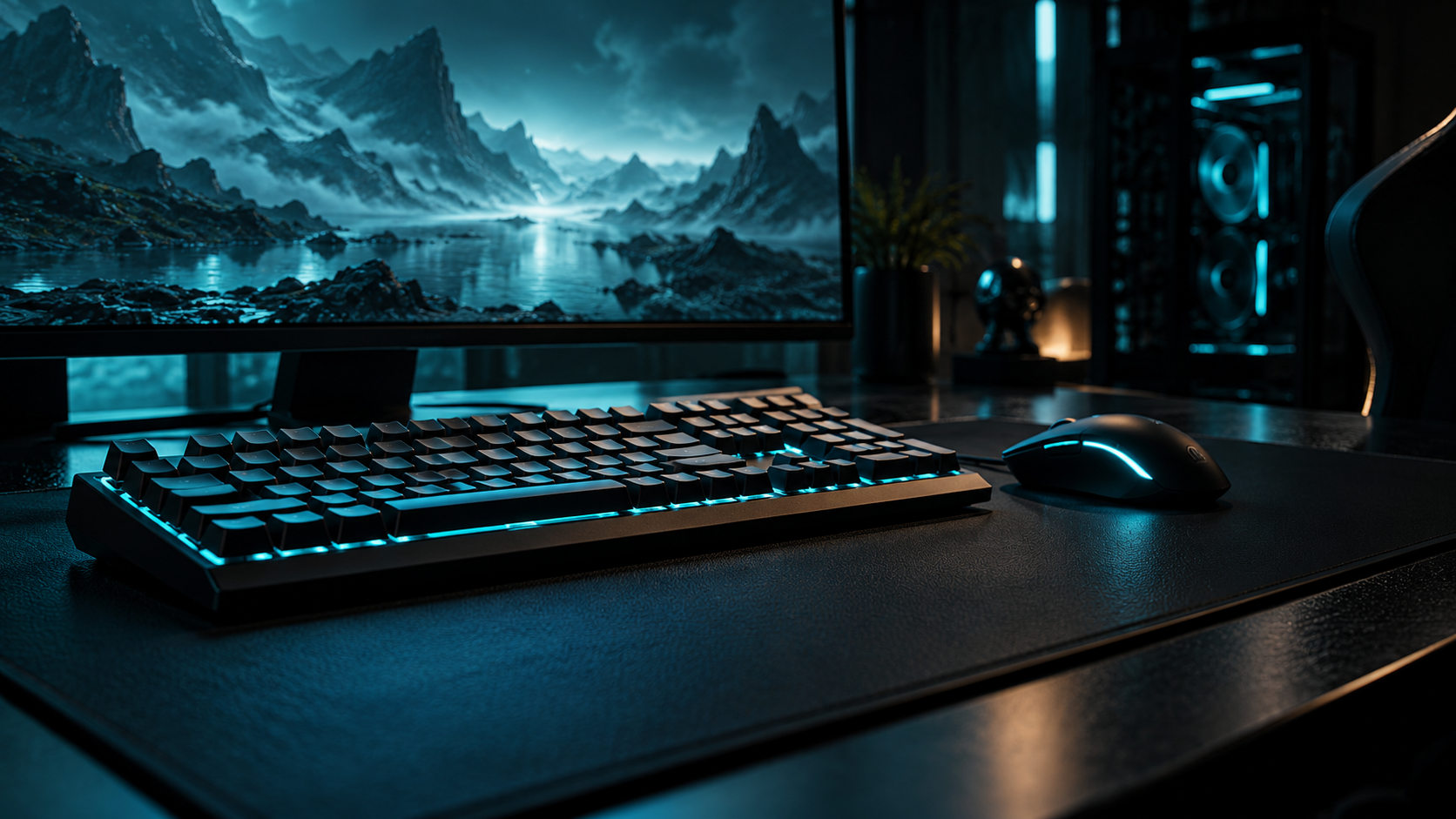 Keyboard and mouse on a gaming desk illuminated by cyan monitor light